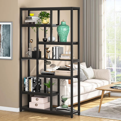 Industrial 7-tier etagere bookcase in black metal frame by HouseOfZazla with books and decor on Tampa Home & Garden Store