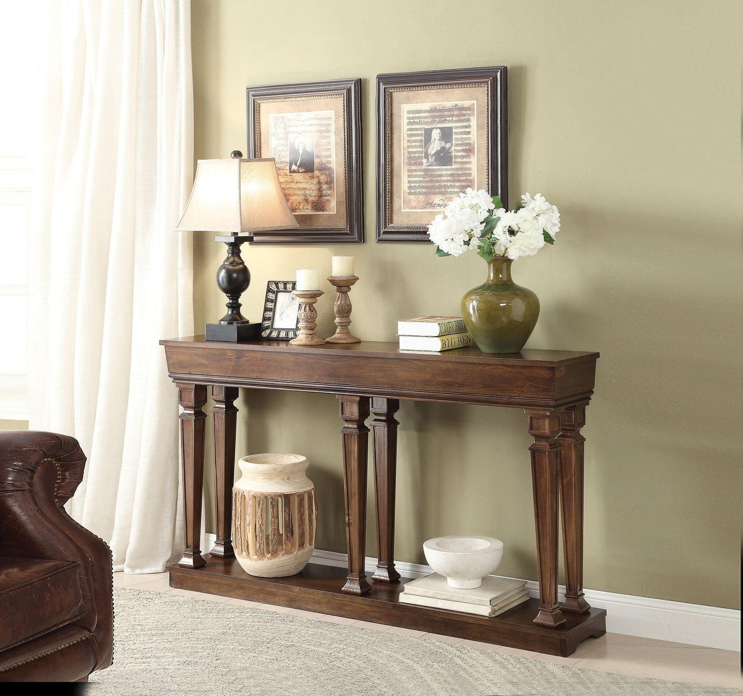 Garrison Wooden Console Table in dark wood finish with lamp and white vase by HouseOfZazla on Tampa Home & Garden Store