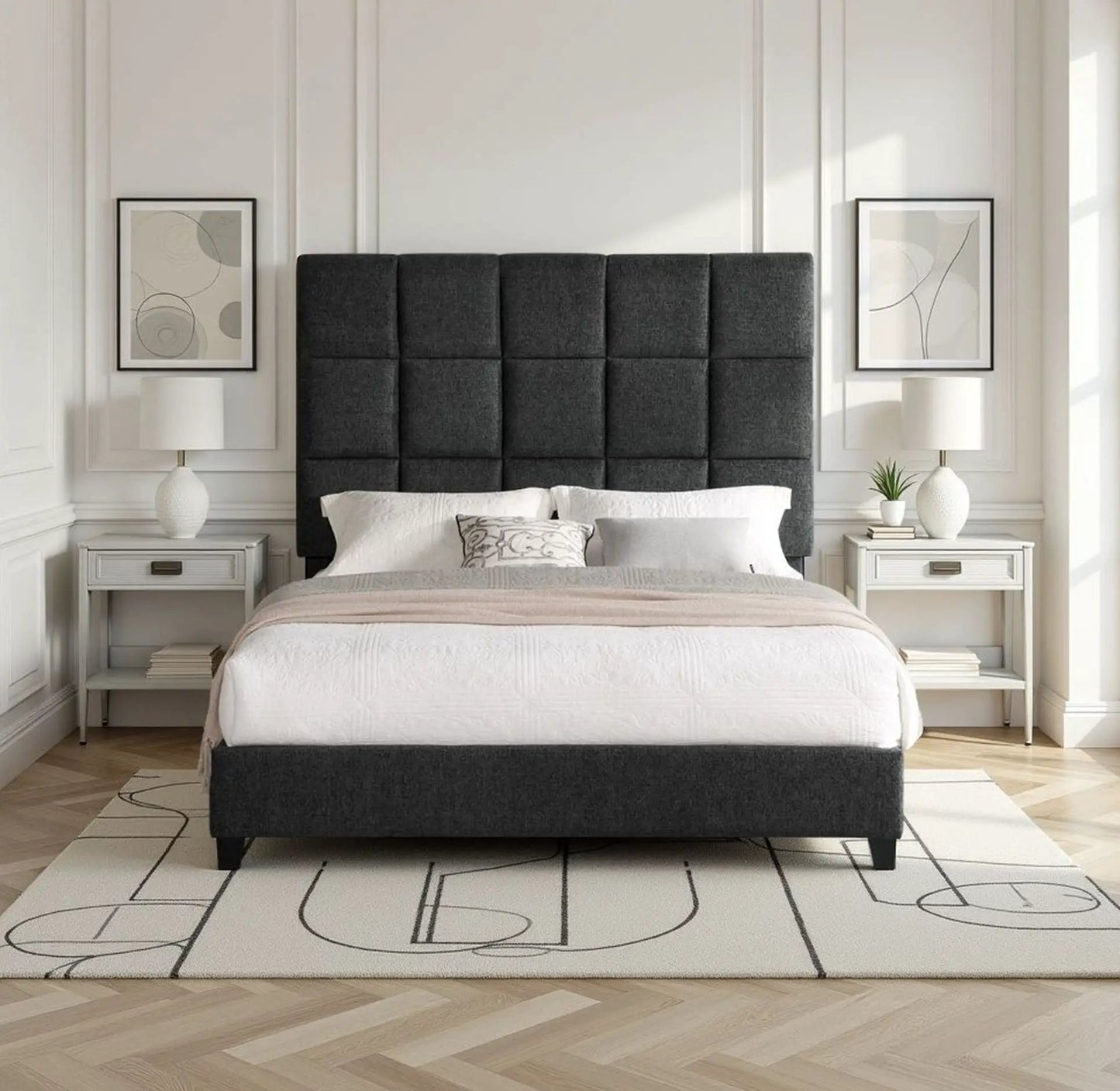 Squares Upholstered Headboard Platform Bed
