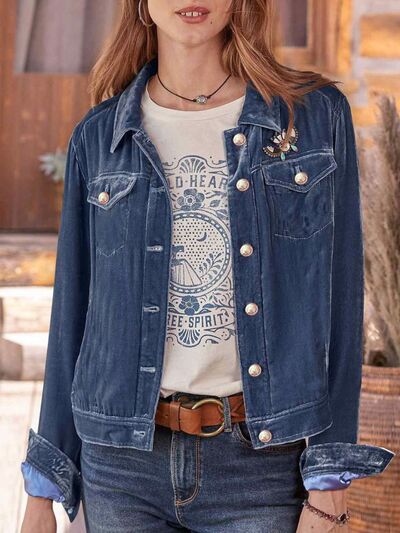 Casual Button-Up Blue Denim Trucker Jacket with chest pockets, relaxed fit by Stevvex on Tampa Home & Garden Store