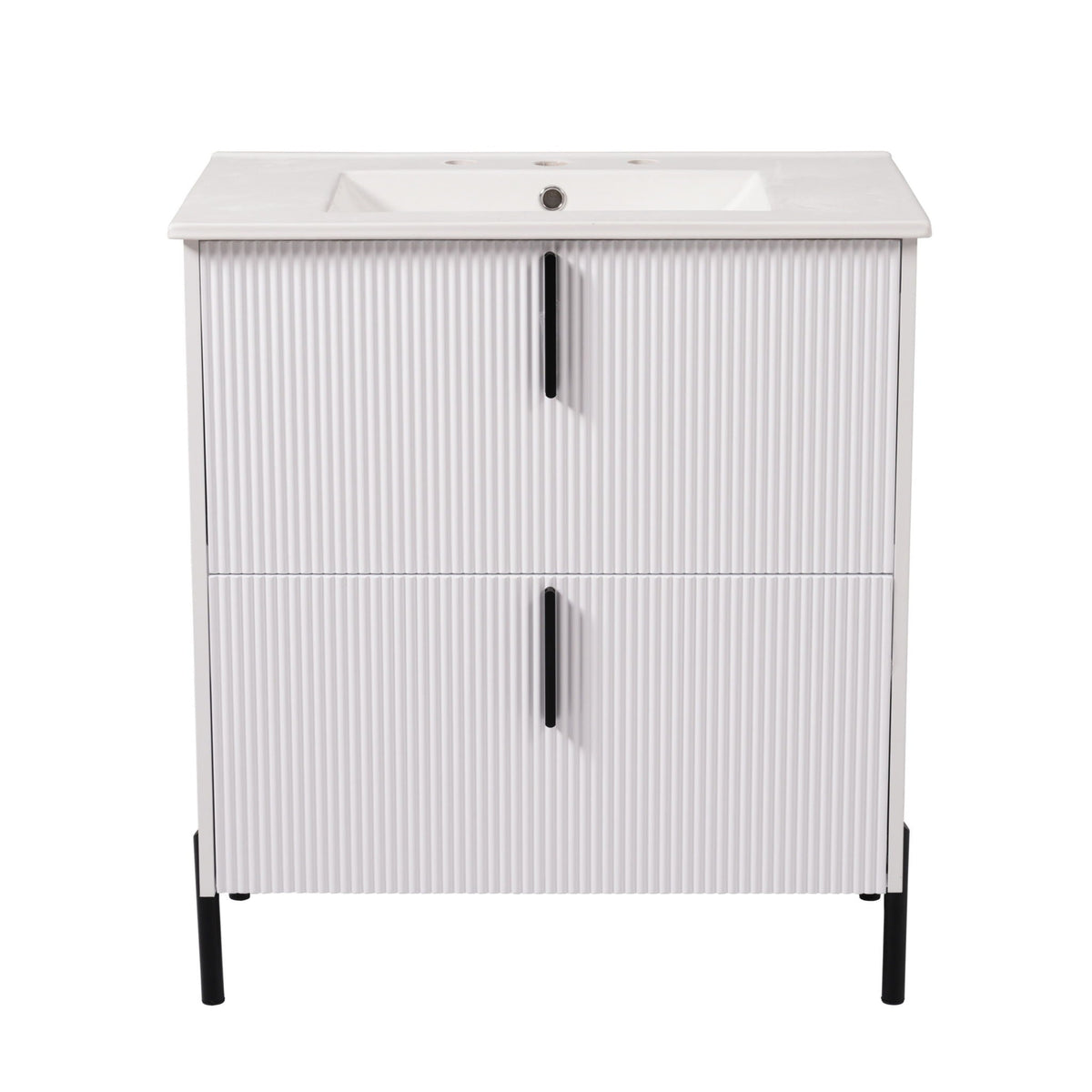 Vanity with ceramic sink and fluted white cabinet by HouseOfZazla, dark green accents on Tampa Home & Garden Store