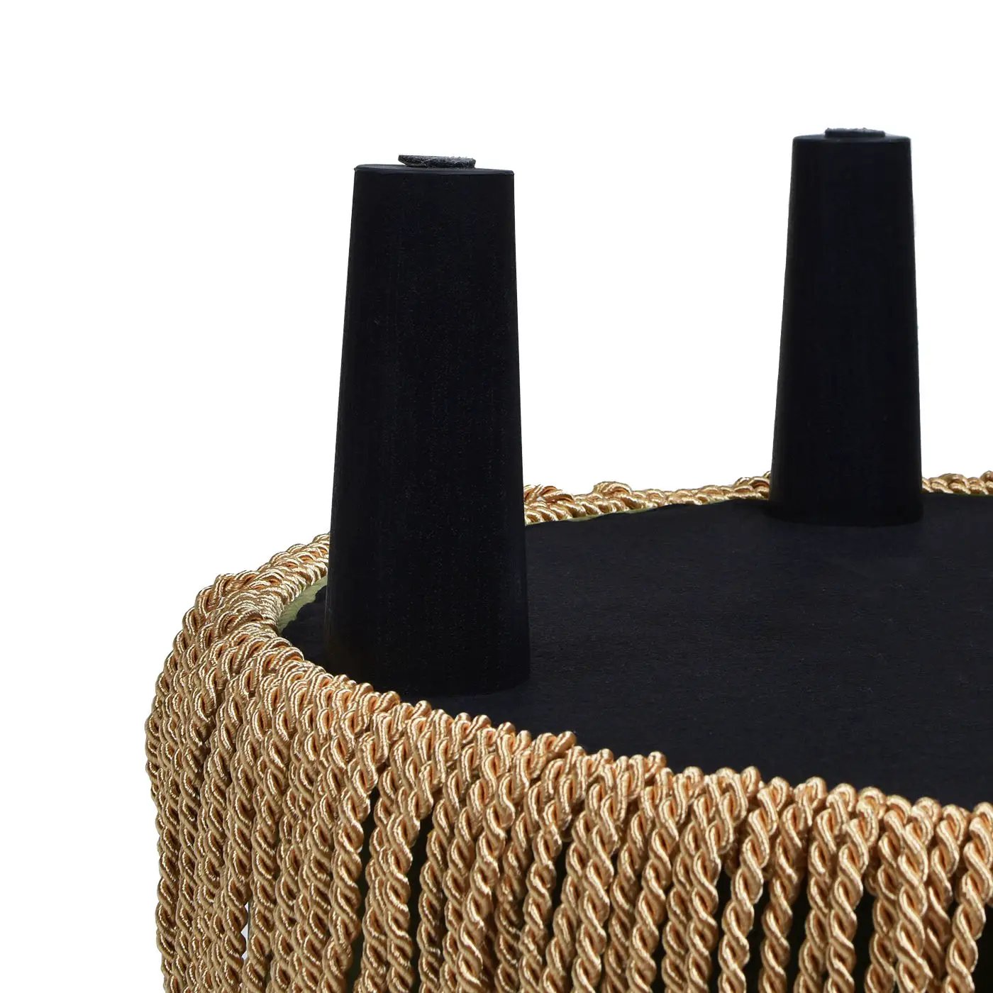 Yolanda round upholstered ottoman in black with gold rope fringe Unique Piece Furniture on Tampa Home & Garden Store