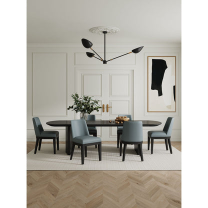 Upholstered dining chair set of six with solid beech frame in gray around a dark table on Tampa Home & Garden Store