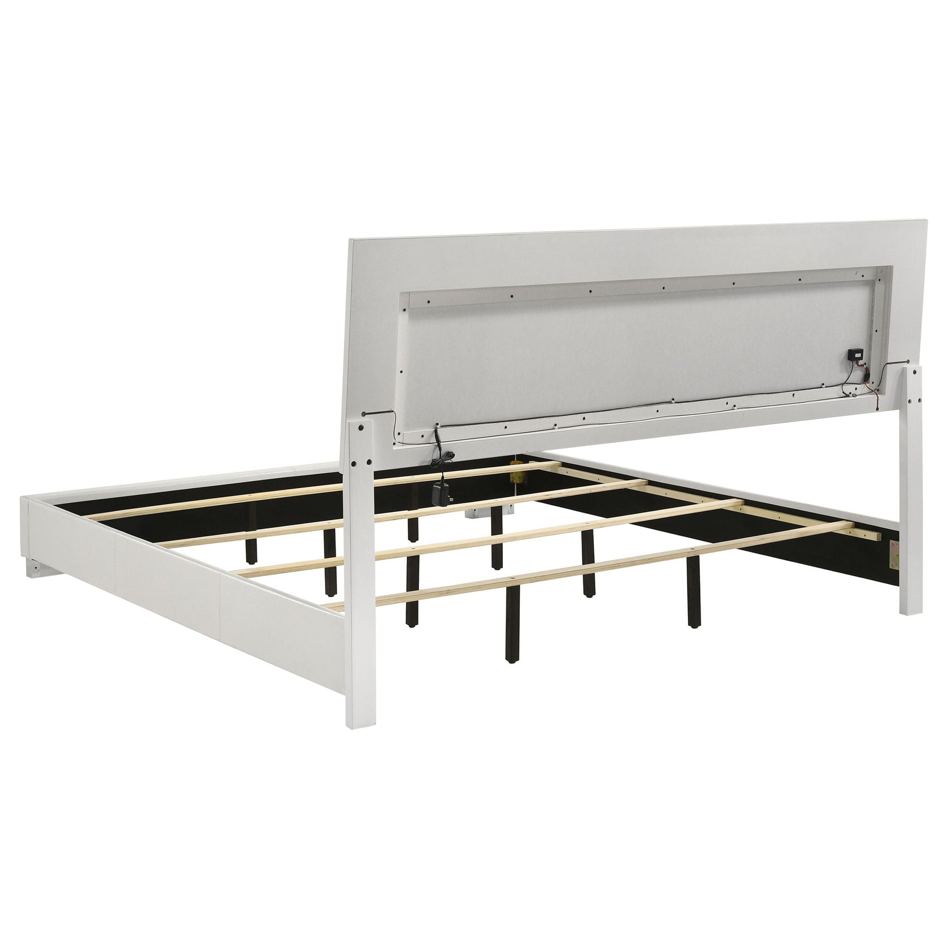 Strick & Bolton high gloss panel bed with LED lights white finish back-view with slat frame on Tampa Home & Garden Store