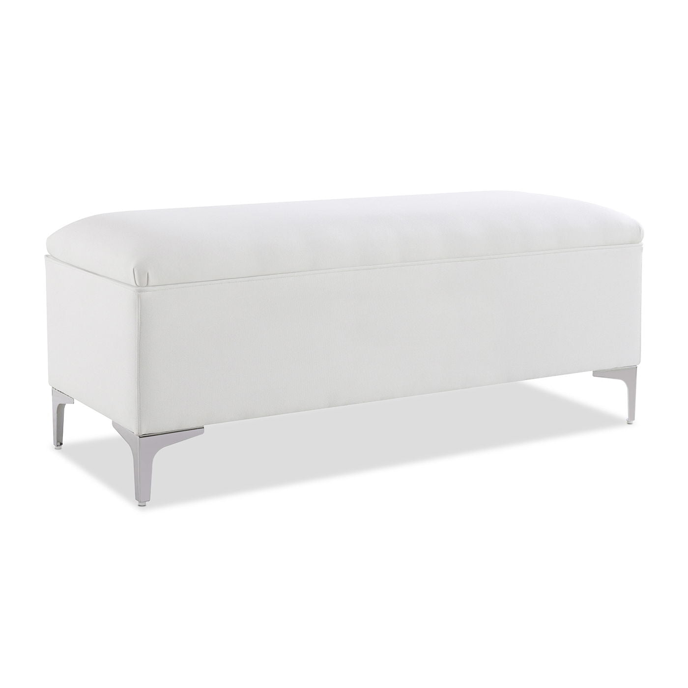 Madelyn modern storage bench white upholstered with silver metal legs on Tampa Home & Garden Store