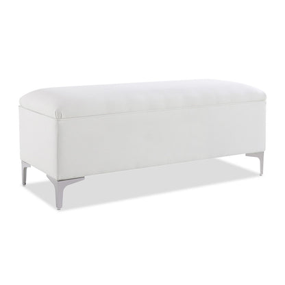 Madelyn modern storage bench white upholstered with silver metal legs on Tampa Home & Garden Store