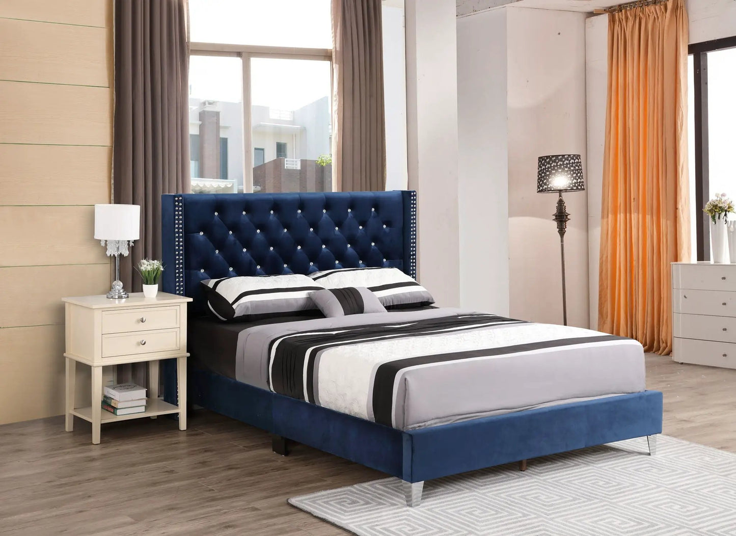 Upholstered Nailhead Trim Chic Bed blue velvet tufted headboard by Unique Piece Furniture on Tampa Home & Garden Store