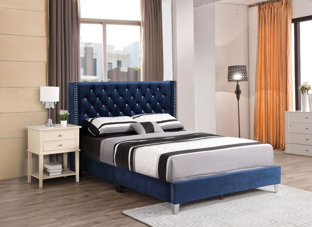 Upholstered Nailhead Trim Chic Bed navy velvet tufted headboard on Tampa Home & Garden Store