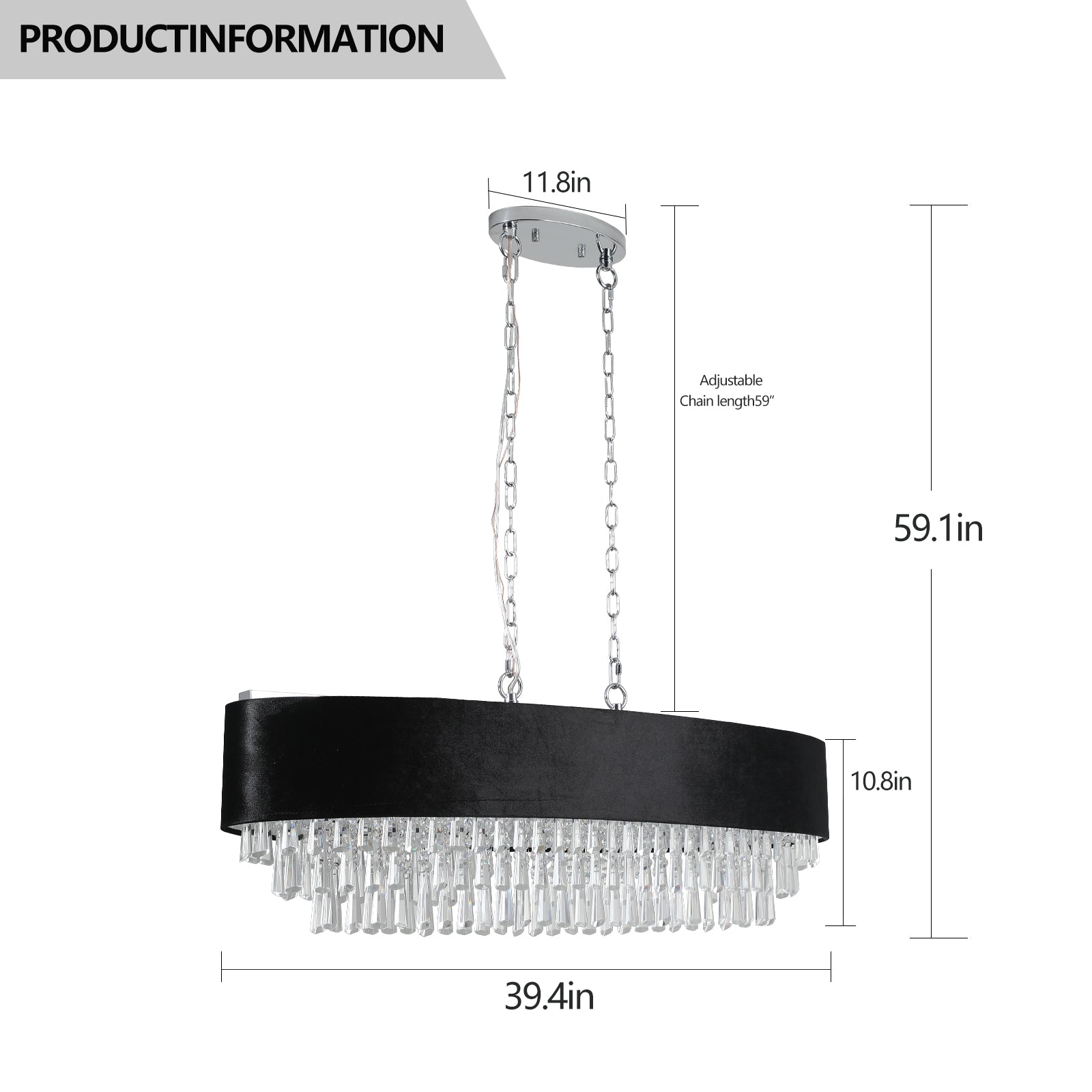 39.4in modern crystal chandelier with black velvet shade and crystal fringe, 59in chain on Tampa Home & Garden Store