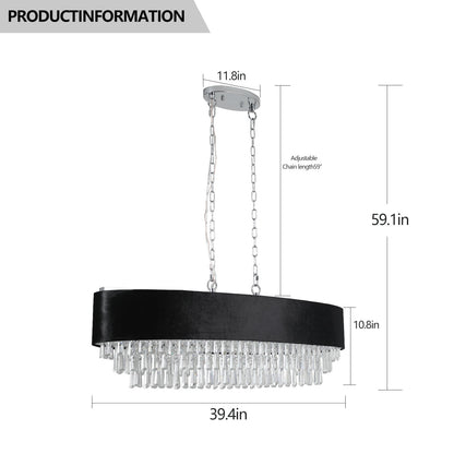 39.4in modern crystal chandelier with black velvet shade and crystal fringe, 59in chain on Tampa Home & Garden Store