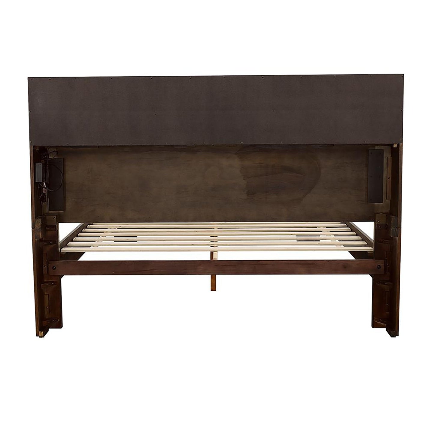 Queen storage bed with bookcase headboard brown wood, slat bed frame on Tampa Home & Garden Store