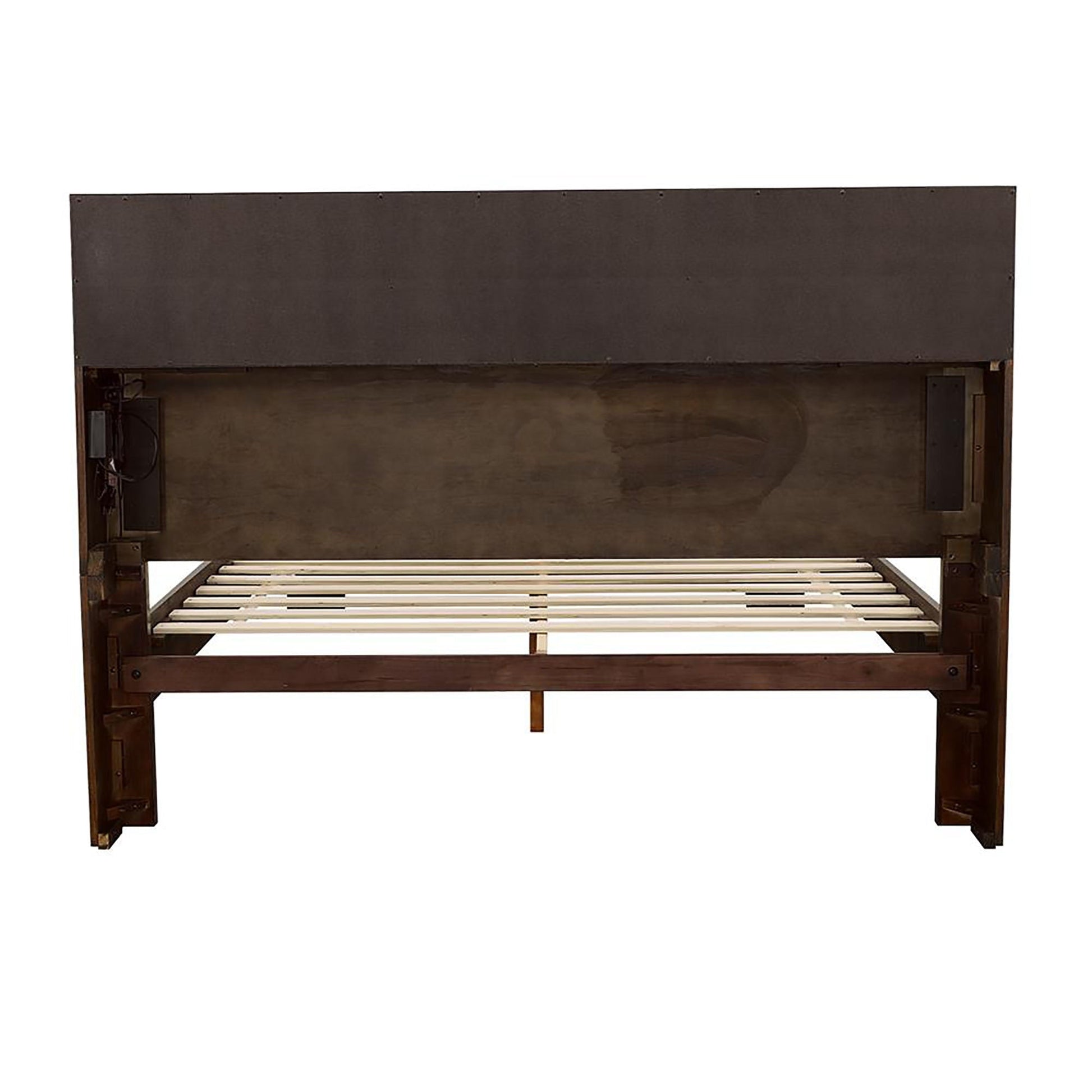 Queen storage bed with bookcase headboard brown wood, slat bed frame on Tampa Home & Garden Store