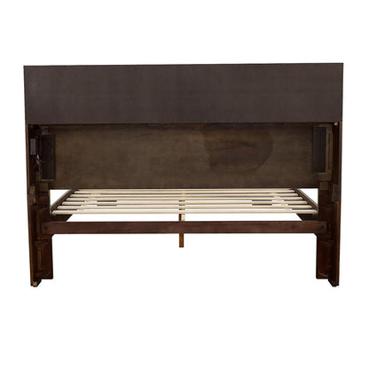 Queen storage bed with bookcase headboard brown wood, slat bed frame on Tampa Home & Garden Store