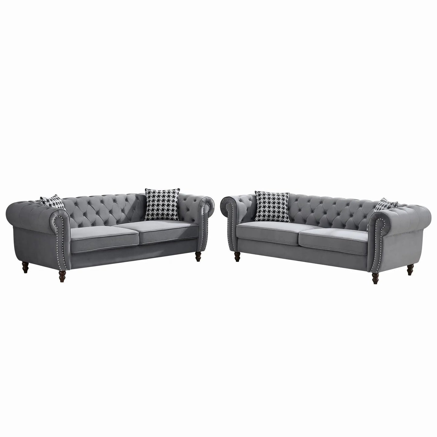 Chesterfield gray fabric sofa set with roll arms and nailhead trim, 3-seat each on Tampa Home & Garden Store