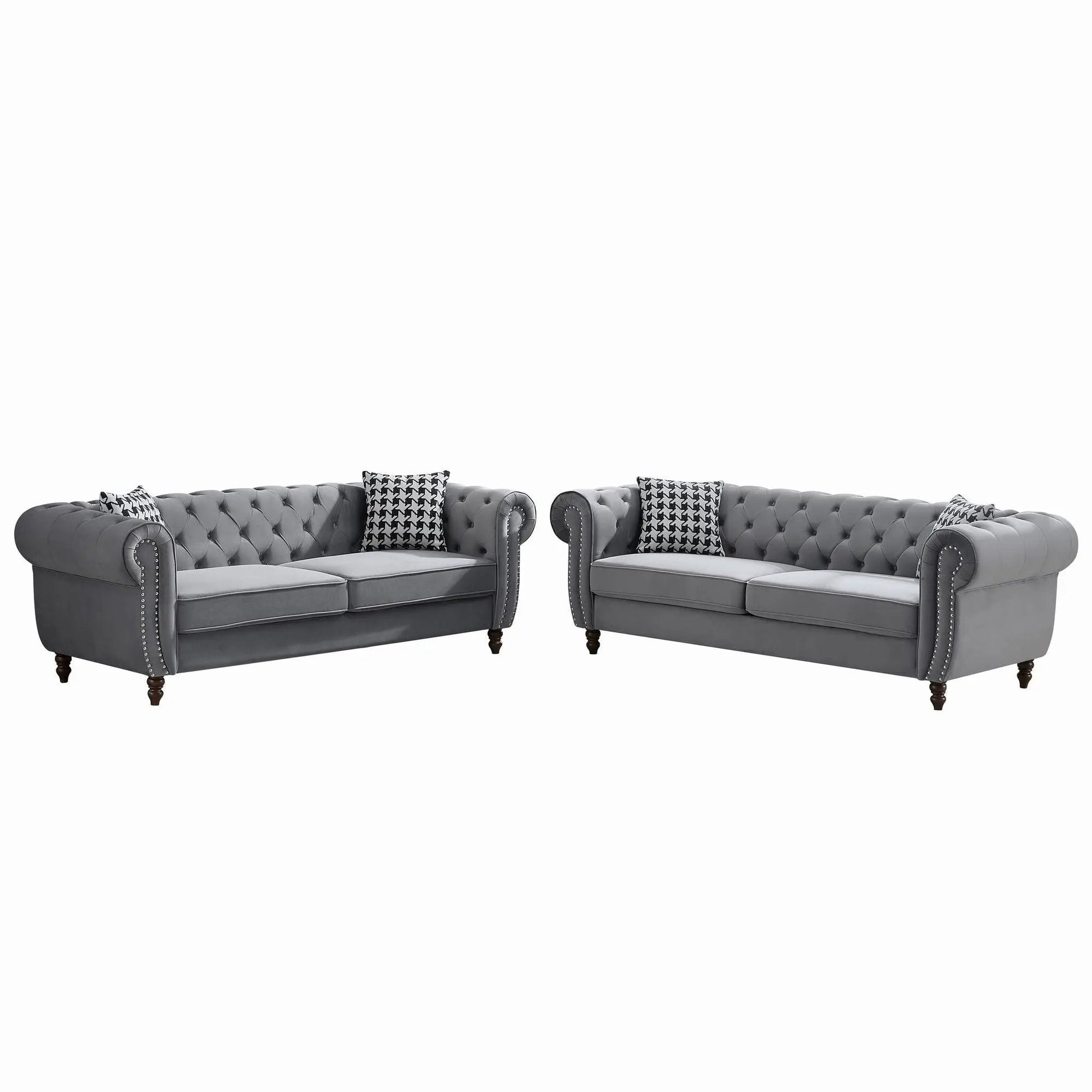 Chesterfield gray fabric sofa set with roll arms and nailhead trim, 3-seat each on Tampa Home & Garden Store