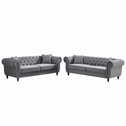 Chesterfield gray fabric sofa set with roll arms and nailhead trim, 3-seat each on Tampa Home & Garden Store