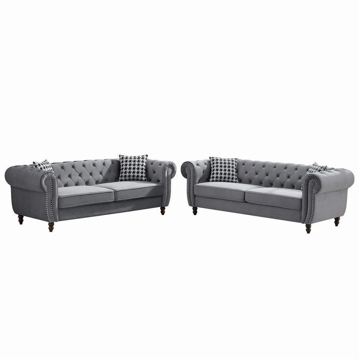 Chesterfield sofa set in grey with roll arms, tufted fabric and nailhead trim by HouseOfZazla on Tampa Home & Garden Store