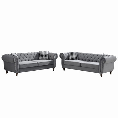 Chesterfield sofa set in grey with roll arms, tufted fabric and nailhead trim by HouseOfZazla on Tampa Home & Garden Store