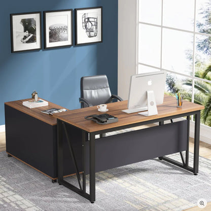L-shaped executive desk with mobile file cabinet in brown/black, large corner workstation on Tampa Home & Garden Store