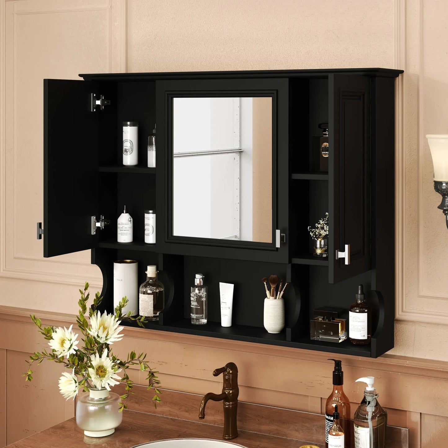 Black wall-mounted medicine cabinet with mirror and open shelves by Unique Piece Furniture on Tampa Home & Garden Store