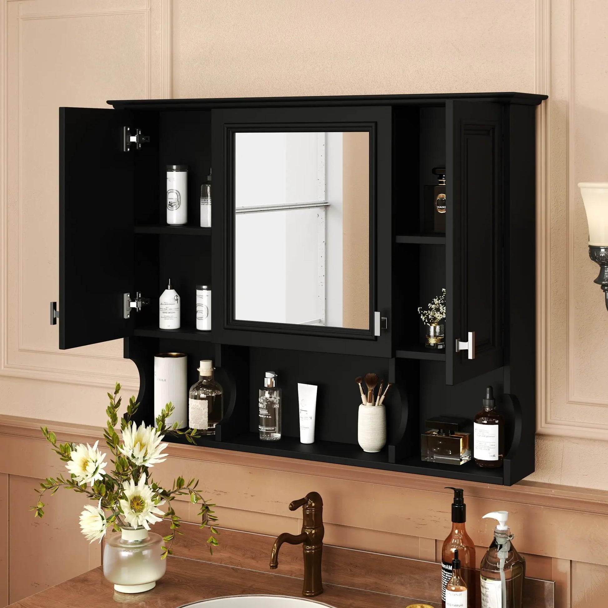 Black wall-mounted medicine cabinet with mirror and open shelves by Unique Piece Furniture on Tampa Home & Garden Store