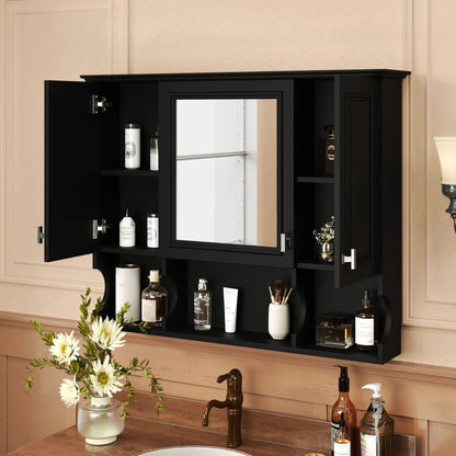 Black wall-mounted medicine cabinet with mirror and open shelves by Unique Piece Furniture on Tampa Home & Garden Store