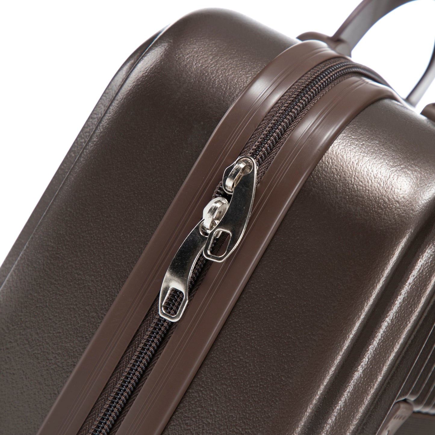 Brown ABS luggage set by HouseOfZazla close-up showing textured shell and dual zippers on Tampa Home & Garden Store