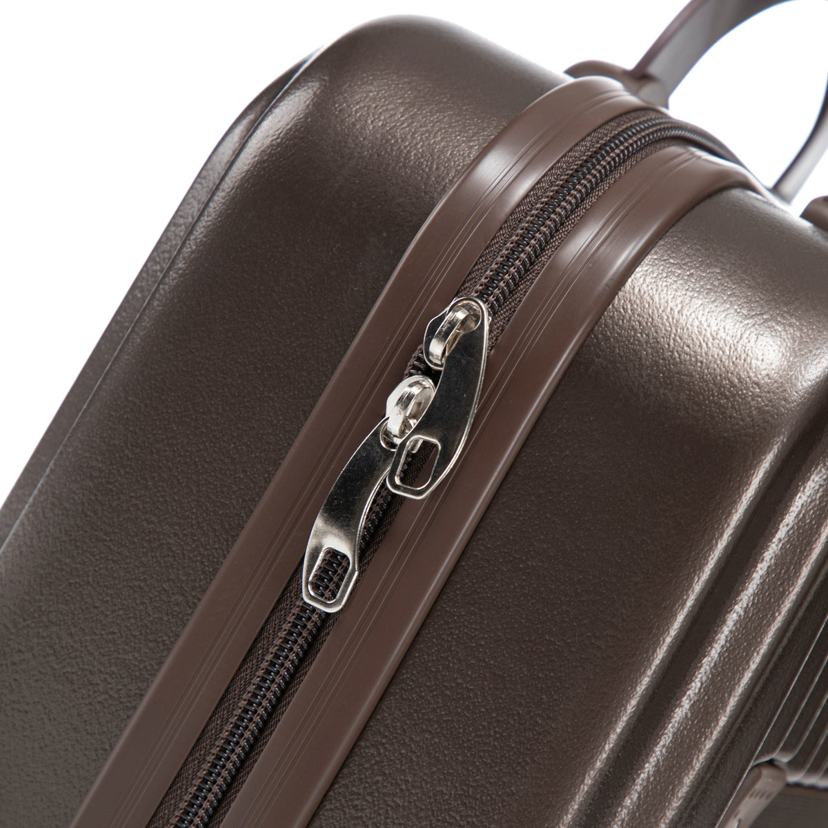 Brown ABS luggage set by HouseOfZazla close-up showing textured shell and dual zippers on Tampa Home & Garden Store