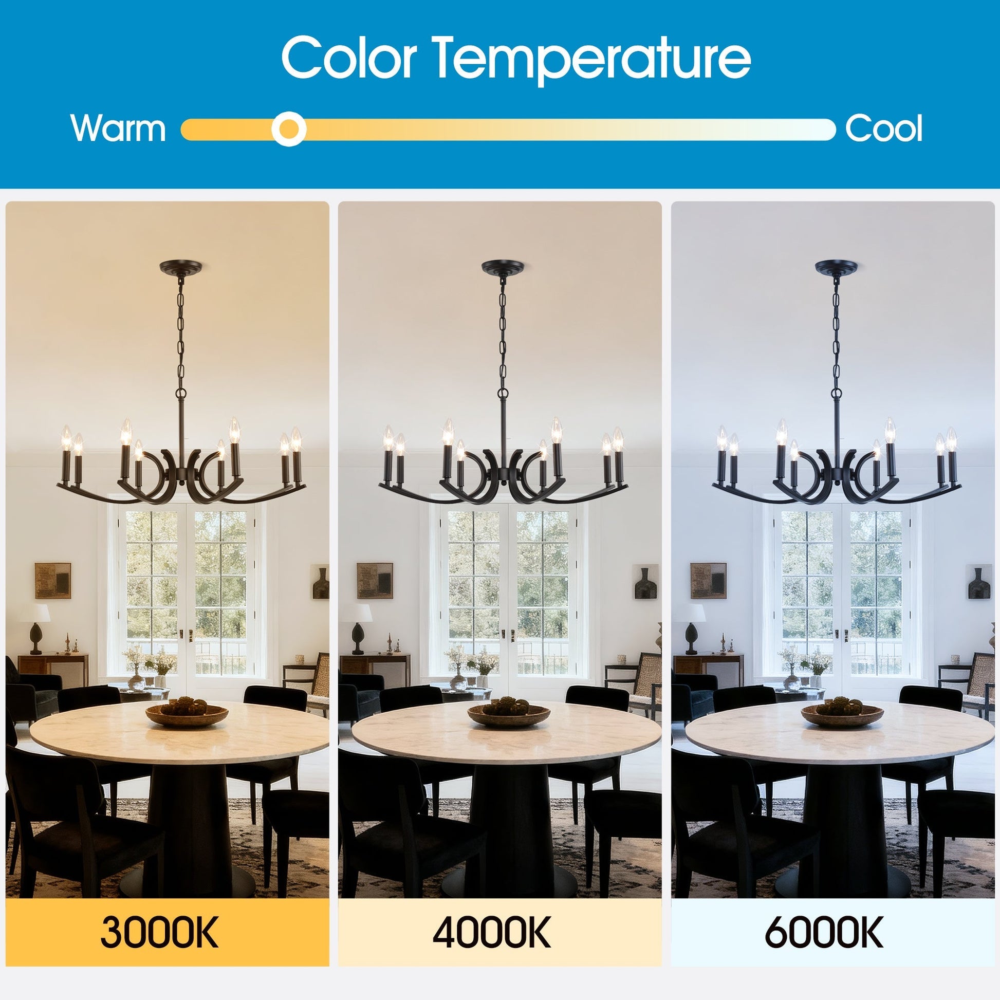 8-Light Farmhouse Chandelier black metal with 3000K/4000K/6000K options on Tampa Home & Garden Store