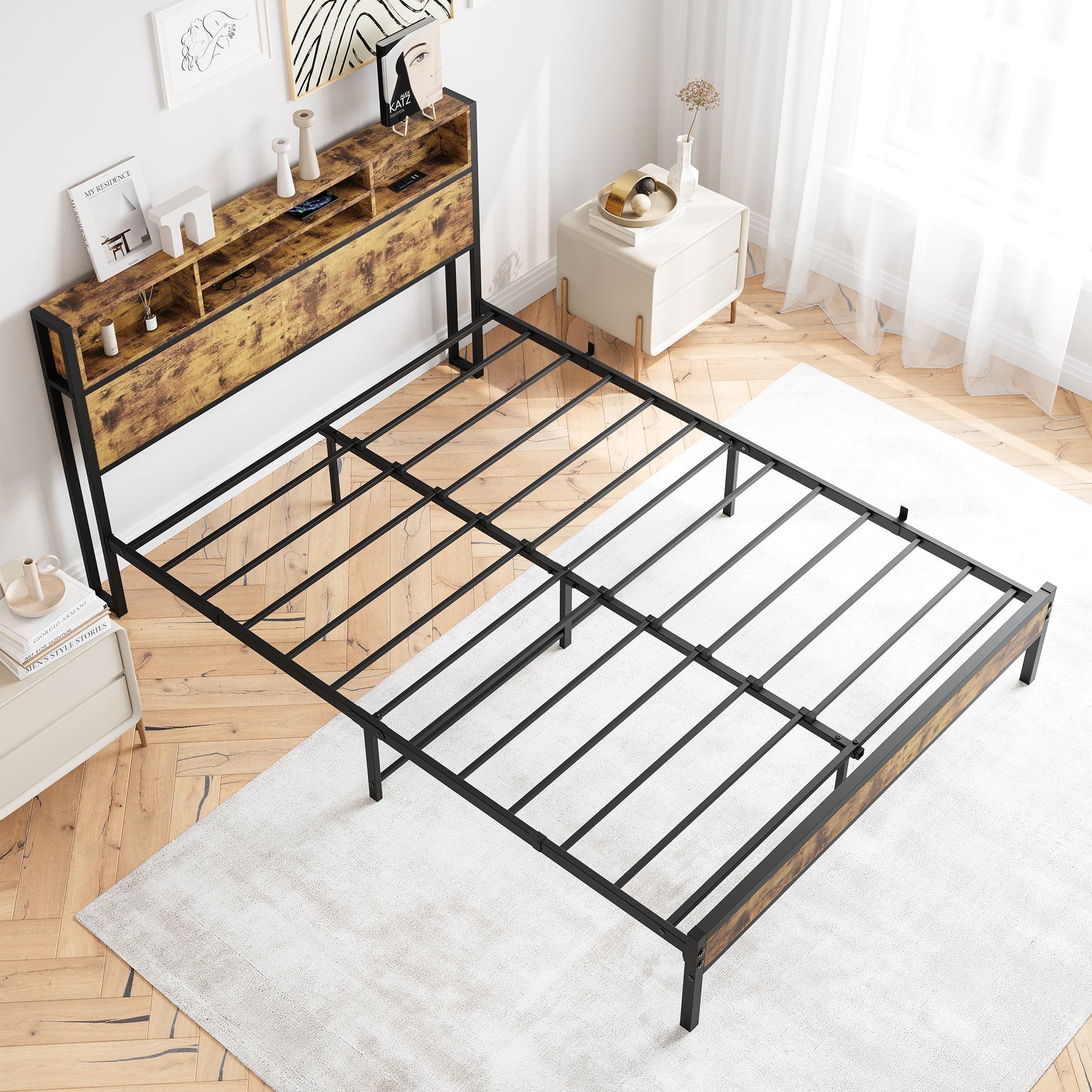 Queen Bed Frame with Storage Headboard Metal Platform Bed with Charging Station Bookcase Storage Black - Tampa Home & Garden Store