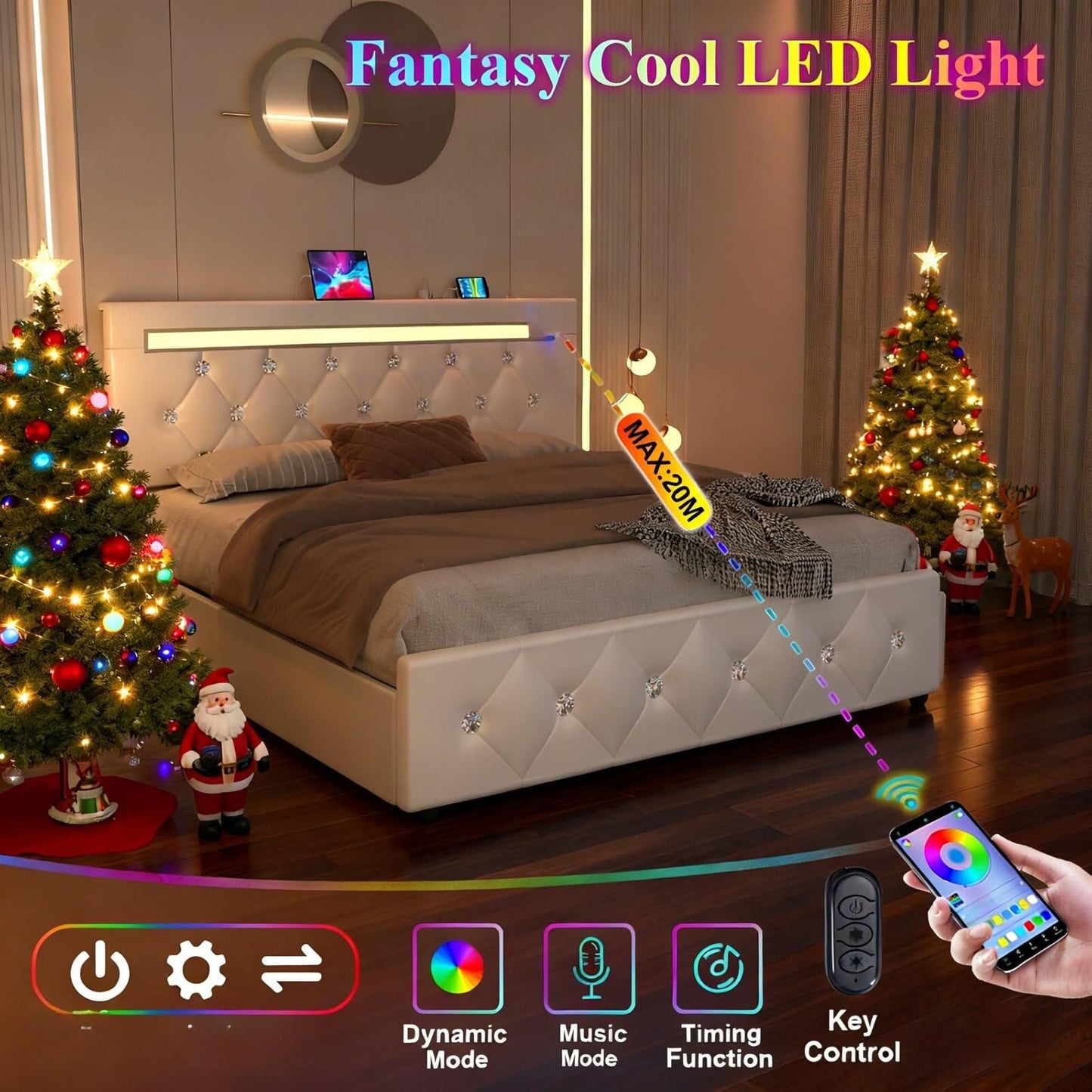 Upholstered Bed Frame with LED Lights Storage