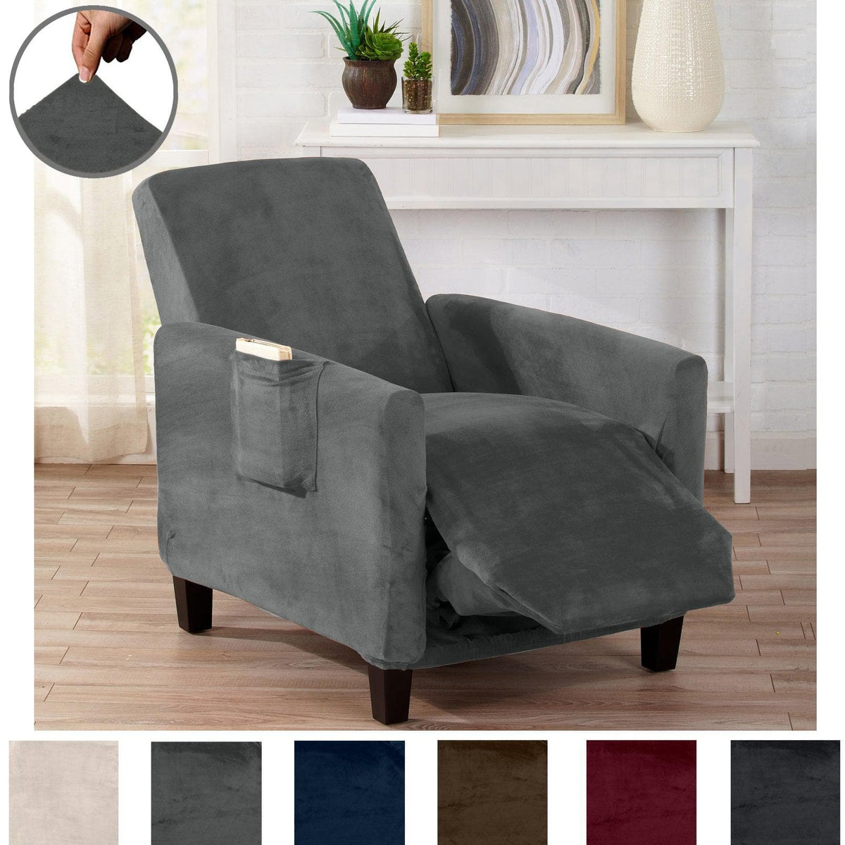 Velvet Stretch Slipcover Gale Collection by Great Bay Home on a dark gray upholstered armchair on Tampa Home & Garden Store
