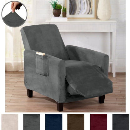 Velvet Stretch Slipcover Gale Collection by Great Bay Home on a dark gray upholstered armchair on Tampa Home & Garden Store