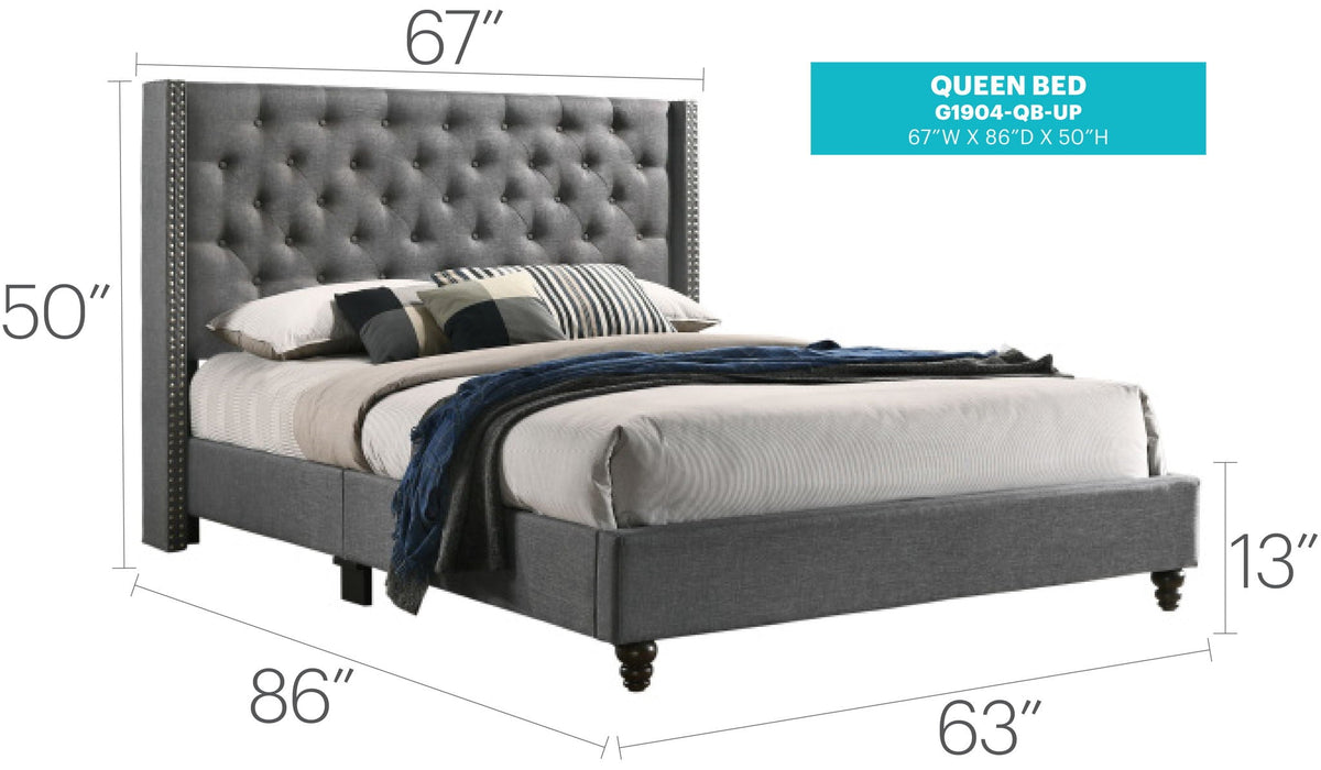 Nailhead Bed by HouseOfZazla, gray bed with tufted headboard and nailhead trim, queen on Tampa Home & Garden Store