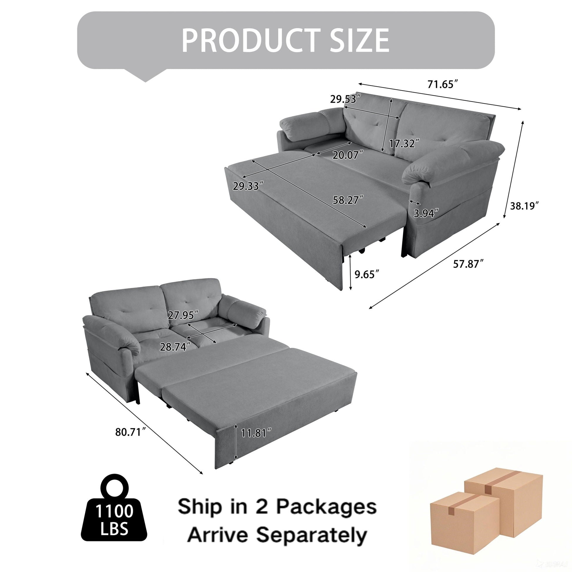 Convertible pull-out sofa bed Queen Size 3-in-1 with side storage in gray fabric by HouseOfZazla on Tampa Home & Garden Store
