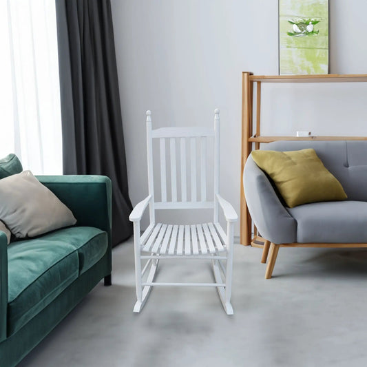 Wooden porch rocker chair in white finish with slatted seat, classic rocking chair style on Tampa Home & Garden Store