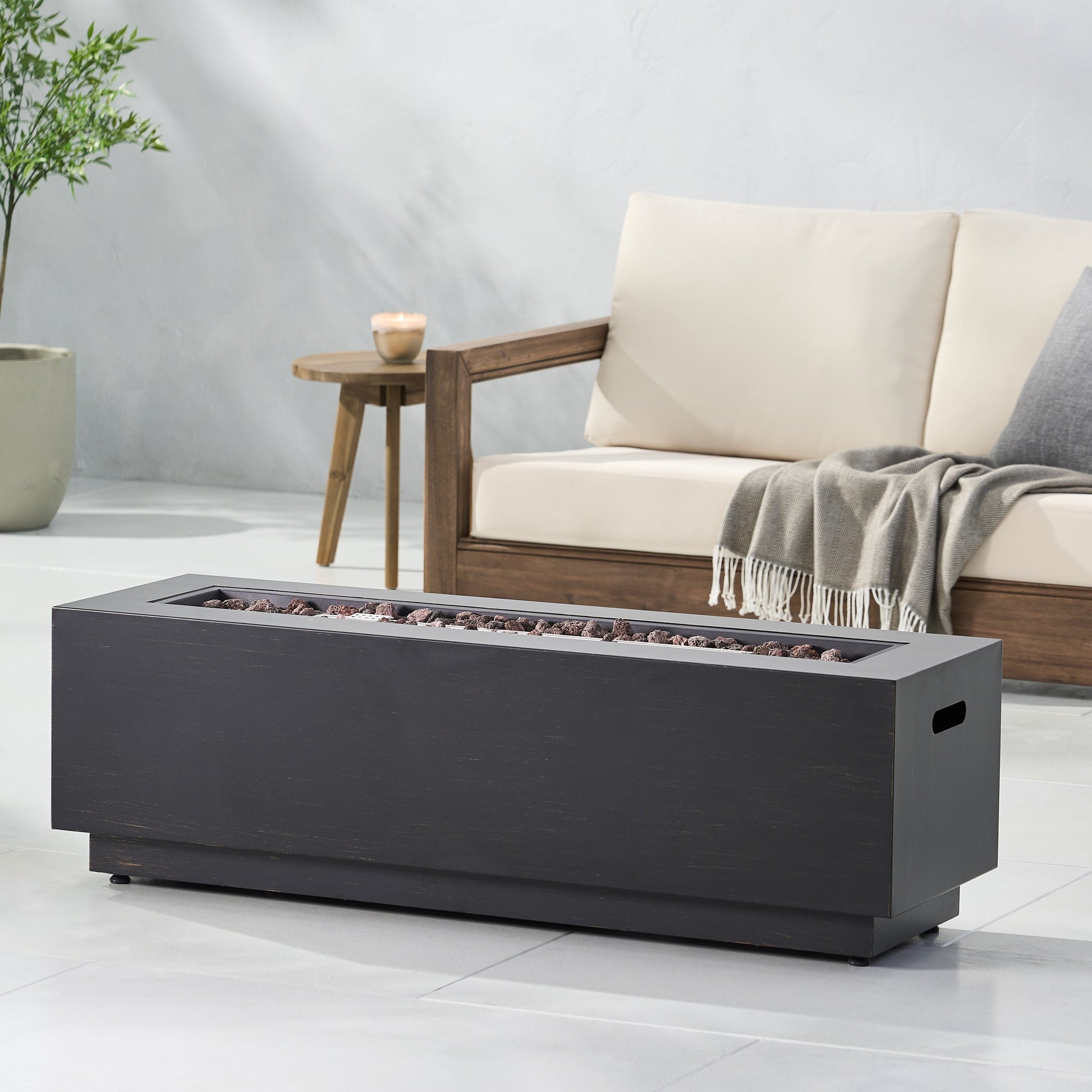 Modern Dark Grey 40-inch Outdoor Iron Propane Fire Pit by HouseOfZazla with lava rock filler on Tampa Home & Garden Store