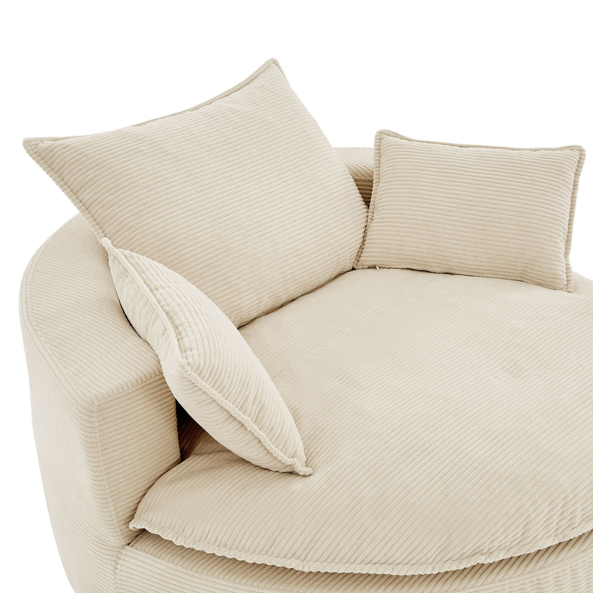 Beige corduroy swivel barrel chair with cushions and pillows, HouseOfZazla on Tampa Home & Garden Store