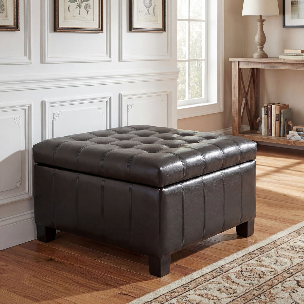 Square Tufted Storage Ottoman with Lift-Top in dark brown/black leather by HouseOfZazla on Tampa Home & Garden Store