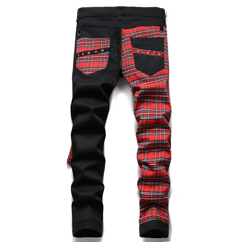 Black panel colorblock non-stretch straight men's jeans FLIPSTYLEZLLC with red plaid panels on Tampa Home & Garden Store