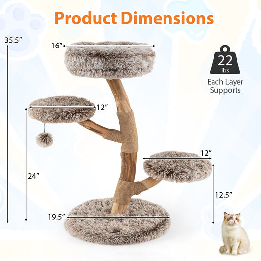 Cat Tree Solid Pear Wood with Perch and Natural Jute Scratching Posts-Brown - Tampa Home & Garden Store