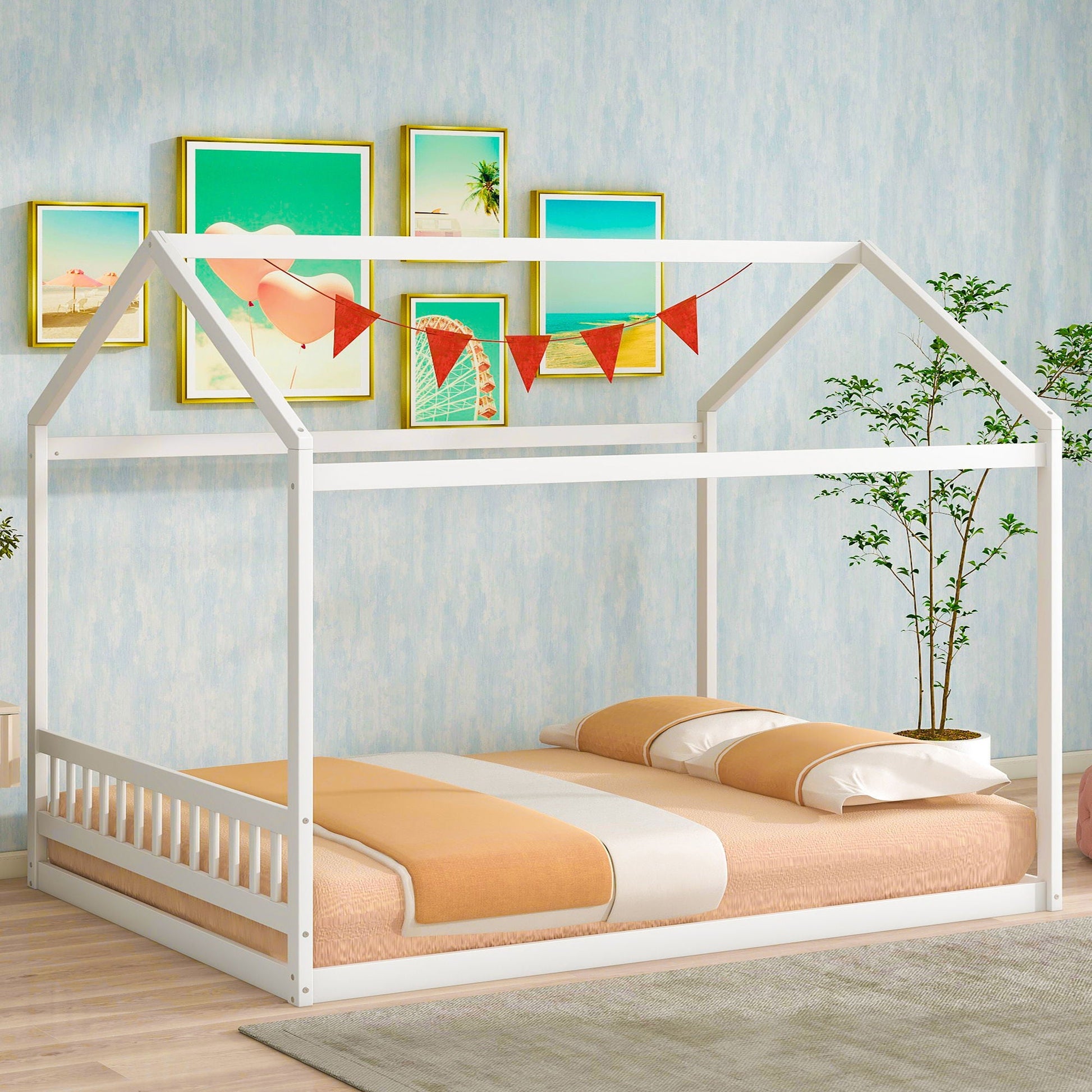 Wooden House Bed With Headboard canopy bed in white with tan bedding on Tampa Home & Garden Store