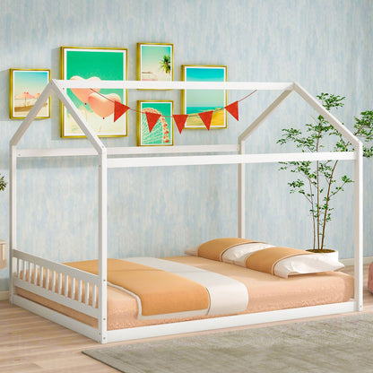 Wooden House Bed With Headboard canopy bed in white with tan bedding on Tampa Home & Garden Store