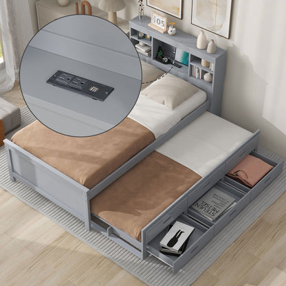 Platform bed with storage headboard, USB outlets, trundle and 3 drawers in gray on Tampa Home & Garden Store