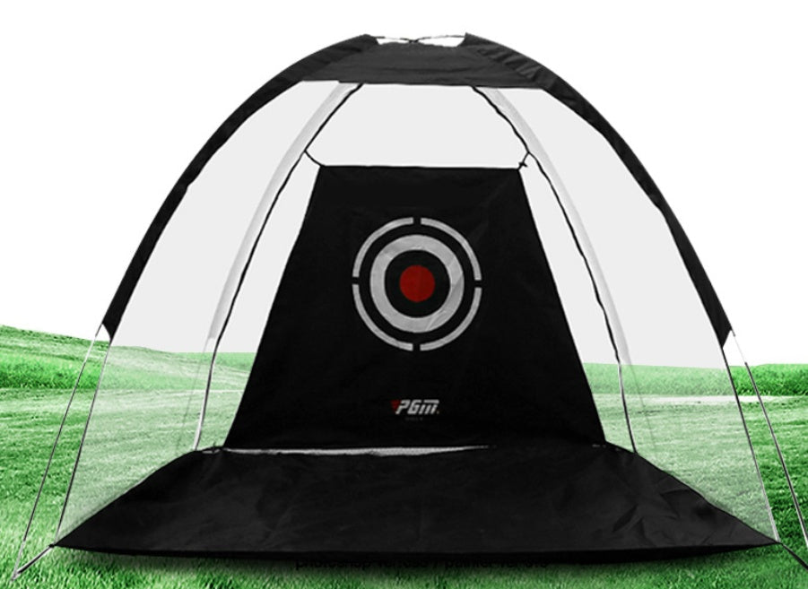 Golf practice net tent with target, black front panel and white mesh canopy on grass on Tampa Home & Garden Store