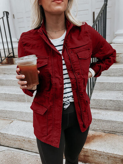 Stevvex red retro pocketed long sleeve zip-up jacket, lightweight outerwear on Tampa Home & Garden Store