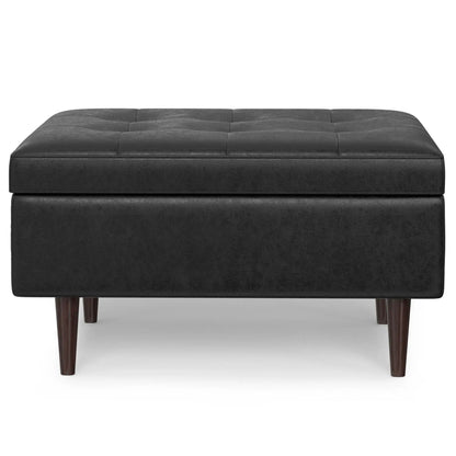 Shay large square storage ottoman in black faux leather with tufted lid, mid-century style on Tampa Home & Garden Store