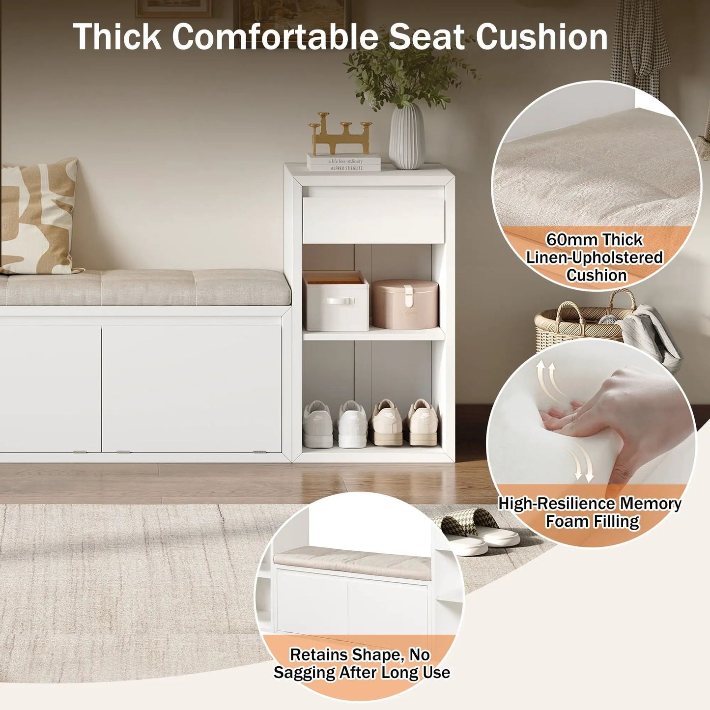 Entryway storage bench with 60mm linen-upholstered cushion and drawers, white finish on Tampa Home & Garden Store