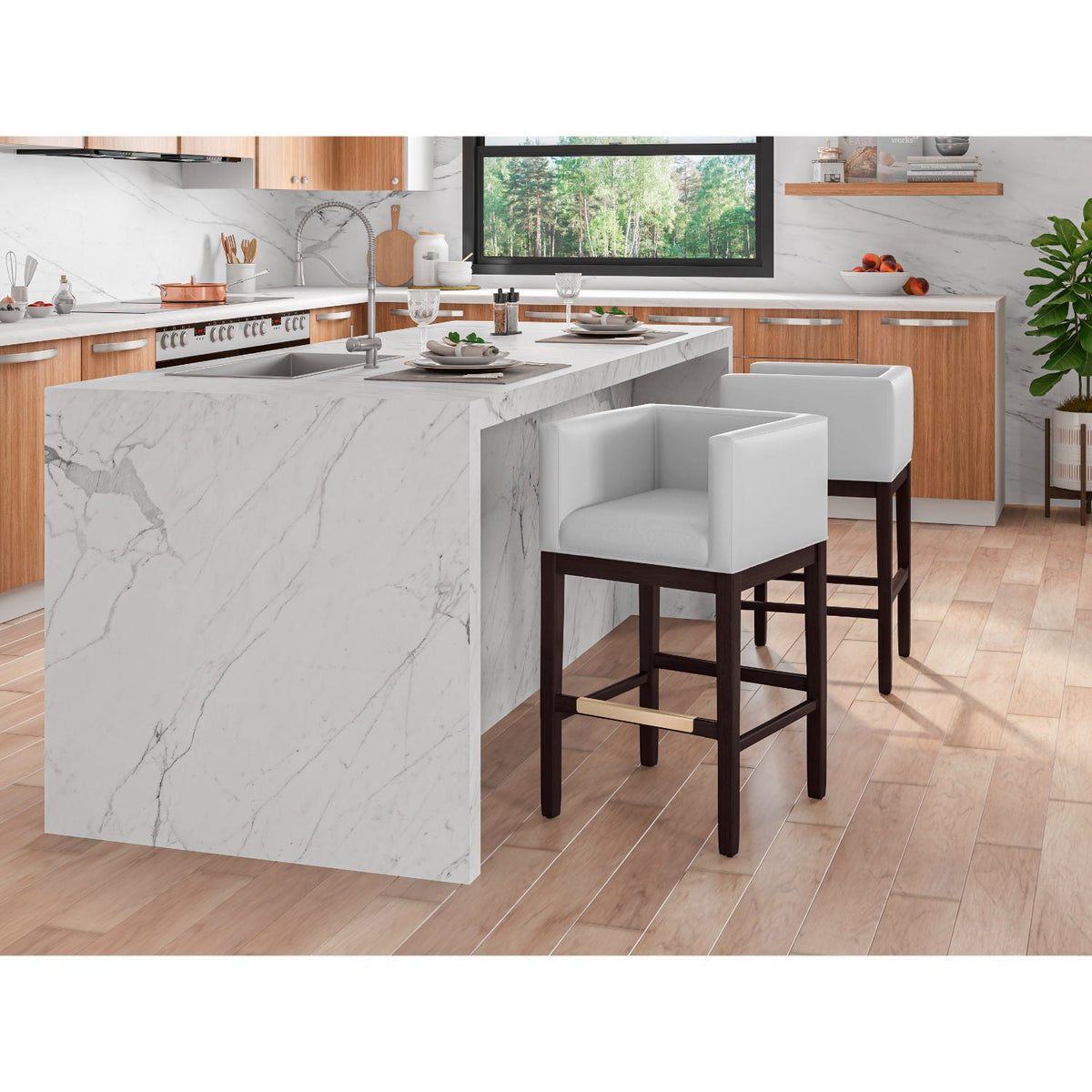 Counter Stool with Upholstered Seat and Beech Wood Frame in white, set of 2 on Tampa Home & Garden Store