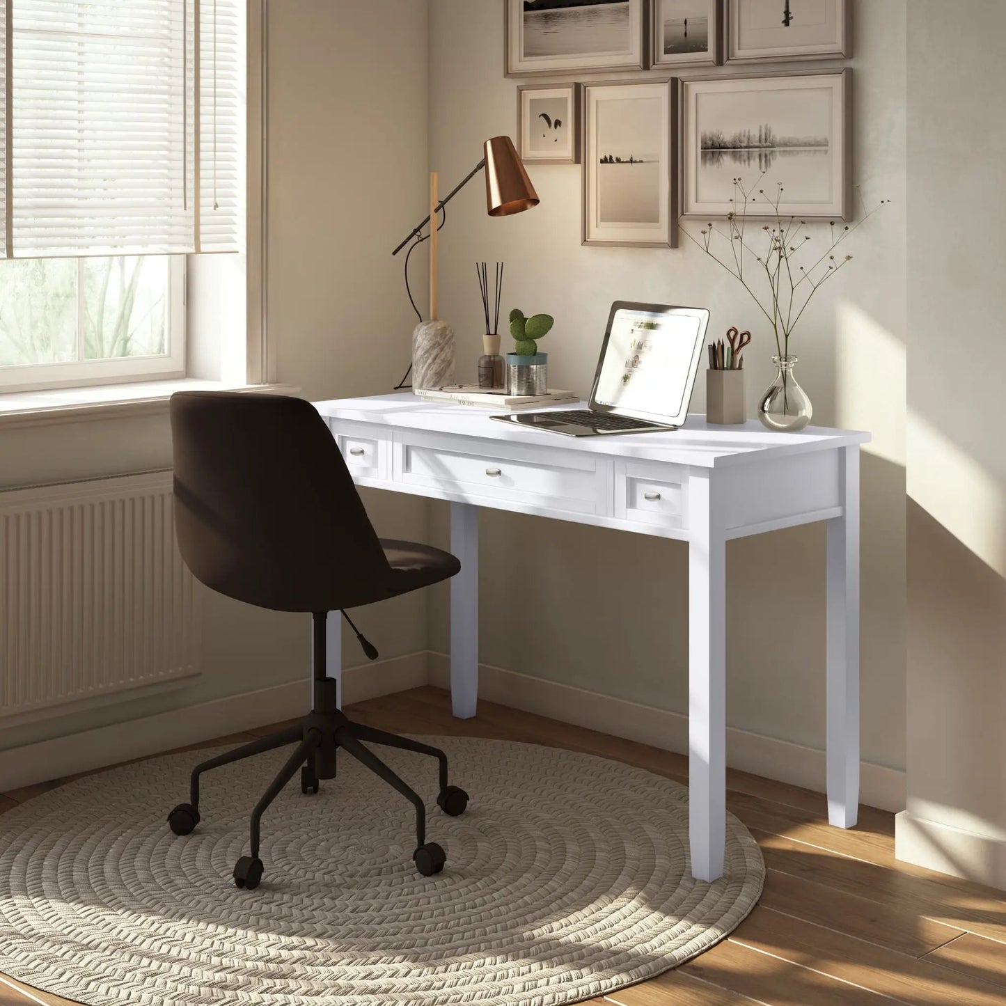 White Warm Shaker handcrafted desk by Unique Piece Furniture with drawers and copper lamp on Tampa Home & Garden Store